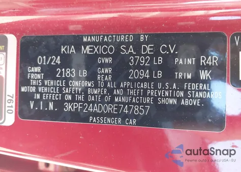 2024 Kia Forte Lxs из США, поврежденный, VIN 3KPF24AD0RE747857